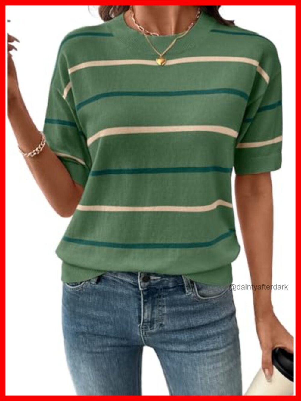 Womens Crewneck Short Sleeve Striped Knit Sweater Pullover Top Loose Fit
